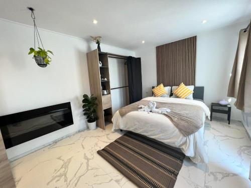 1 dormitorio con 1 cama grande y chimenea en Le Clos fleuri, en Fauvillers