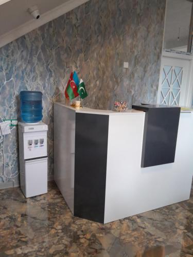 a kitchen with a white counter and a stove at Delfin Guest House in Ganja