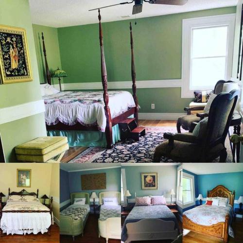 twee foto's van een slaapkamer met groene muren bij Old Southern Manor Nestled in the Forest 
