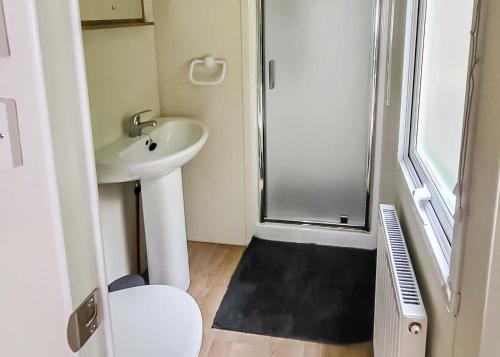 a bathroom with a toilet and a sink and a shower at Lemonford Caravan Park in Bickington