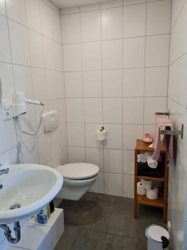 a bathroom with a toilet and a sink at Ferienhaus Am Reilsbach in Cochem