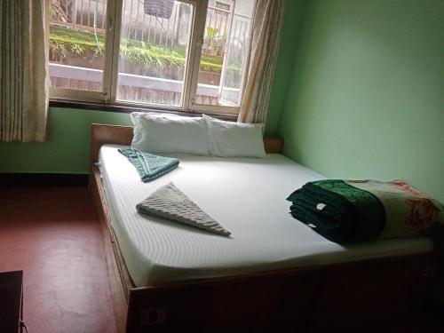 a bed in a green room with a bag on it at Hotel Sweet Dreams thamel kathmandu in Kathmandu