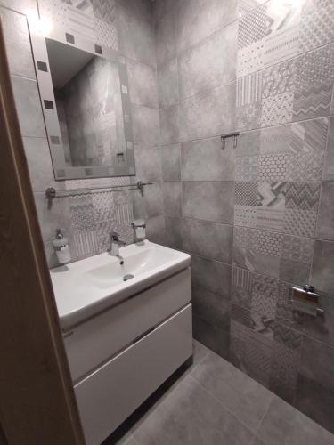 a bathroom with a sink and a mirror at Apartmány Říčky in Říčky