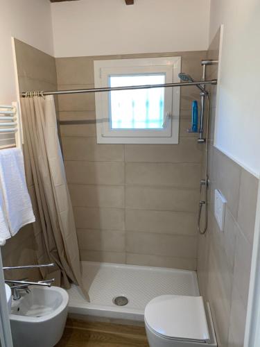 uma casa de banho com um chuveiro, um WC e um lavatório. em Chalet al Mare em Civitavecchia
