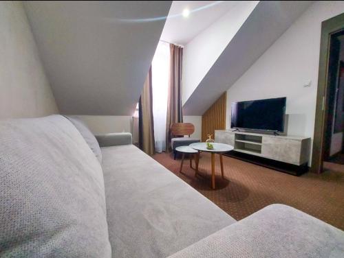 a bedroom with a bed and a tv and a table at Wellness Hotel Vinnay in Vinné
