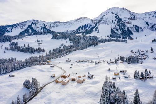 an aerial view of a ski resort in the snow at Fuchsegg Eco Lodge in Egg