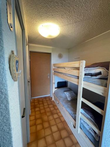 Cette chambre comprend 2 lits superposés et un couloir. dans l'établissement Studio Myrtilles du Léman vue sur lac et montagne, à Thollon-les-Mémises