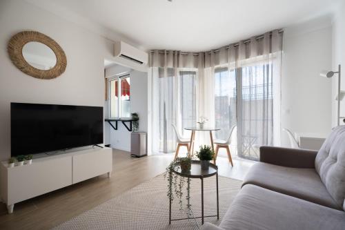 a living room with a couch and a flat screen tv at Studio calme et climatisé au cœur de Cannes in Cannes