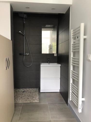 ein Bad mit einer Dusche und einem weißen Waschbecken in der Unterkunft Villa Bella à 250m des plages in Biarritz