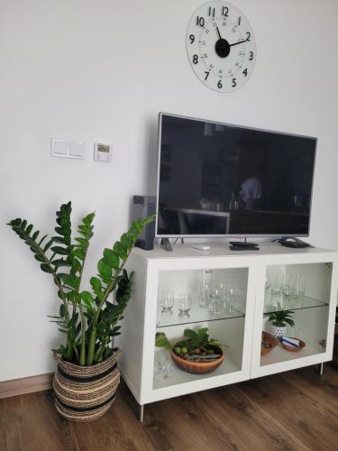 En TV eller et underholdningssystem på Apartament Pod Orzechem