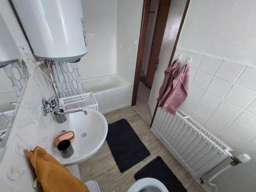 a small bathroom with a sink and a toilet at Vaclavskeho Apartment Medzilaborce in Medzilaborce