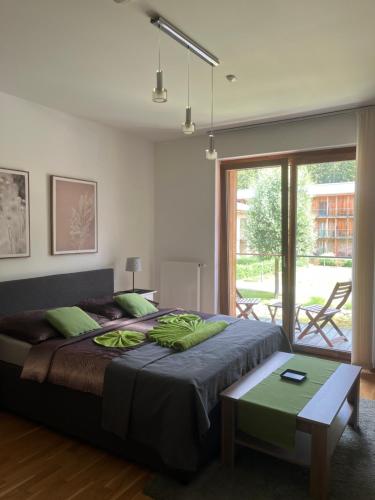 ein Schlafzimmer mit einem großen Bett und einem großen Fenster in der Unterkunft Apartmán Špindlerův Mlýn in Špindlerův Mlýn