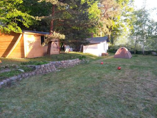 a yard with a tent and some balls in the grass at Simplest-Camping in Biesenthal