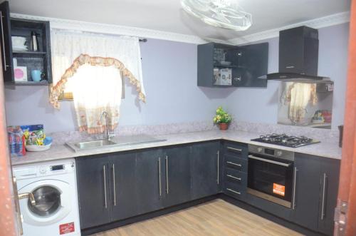 a kitchen with black cabinets and a washer and dryer at Zegio Villa in Jomo