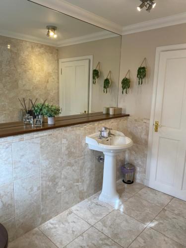 een badkamer met een wastafel en een spiegel bij Westwood Cottage in Aboyne