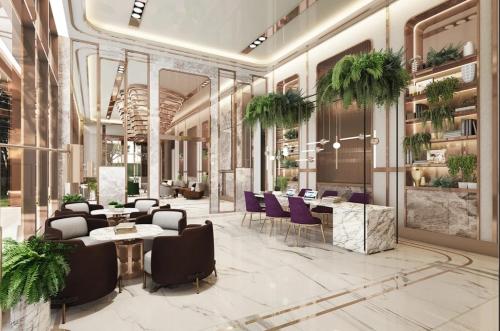a rendering of a lobby with tables and chairs at Once Pattaya Seaview Condo in Pattaya Central