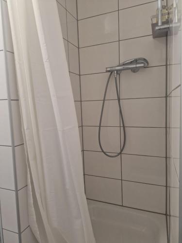 a shower with a shower head and a shower curtain at Studio Apartment mit Balkon 12 in Essen