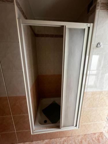 a shower with a glass door in a bathroom at Agroturystyka Radzewicz in Wiżajny