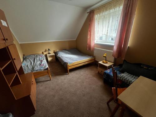 a small room with a bed and a window at Agroturystyka Radzewicz in Wiżajny