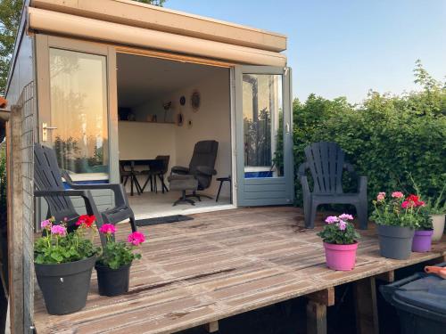a deck with chairs and flowers in pots at Het oude strandhuis in Uitgeest