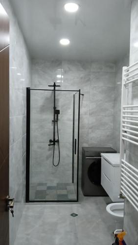 a bathroom with a shower and a toilet at Kakha in Tbilisi City