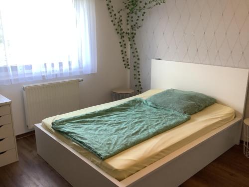 a bed with a green blanket on top of it at Ferienhaus Juleta in Briesen