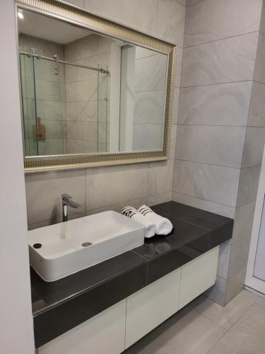 a bathroom with a sink and a mirror at Sky Trees at AEON Bukit Indah with Netflix and Wifi in Johor Bahru