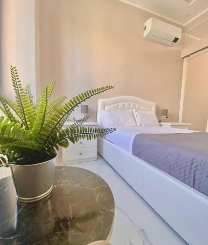 a bedroom with a bed and a plant on a table at Nido dei Cigni in Turin