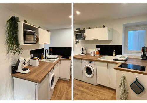 une cuisine avec des armoires blanches et une laveuse et une sécheuse dans l'établissement Entre mer et centre-ville: Charmant et lumineux T1, à Saint-Raphaël