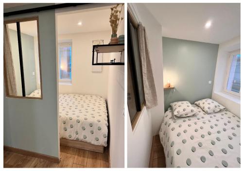 Duas fotografias de um quarto com uma cama e um espelho. em Entre mer et centre-ville: Charmant et lumineux T1 em Saint-Raphaël