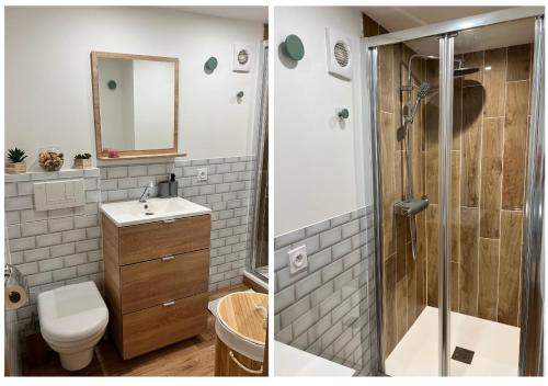 deux photos d'une salle de bain avec toilettes et douche dans l'établissement Entre mer et centre-ville: Charmant et lumineux T1, à Saint-Raphaël