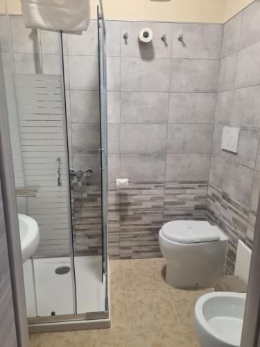 a bathroom with a shower and a toilet and a sink at Agriturismo Cara Terra Lucana in Chiaromonte