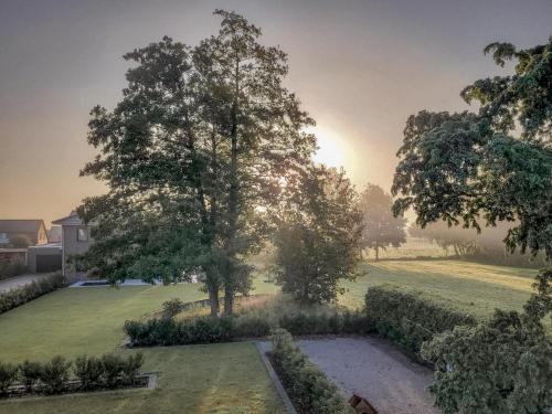 a view of a garden with a tree and a pond at Ferienwohnung Weidenblick in Varel
