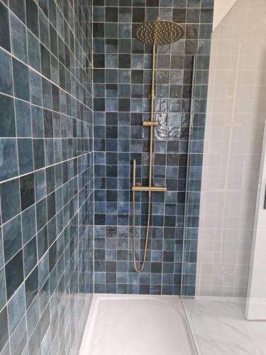 y baño con ducha de azulejos azules. en La jolie Pradelle en Virsac