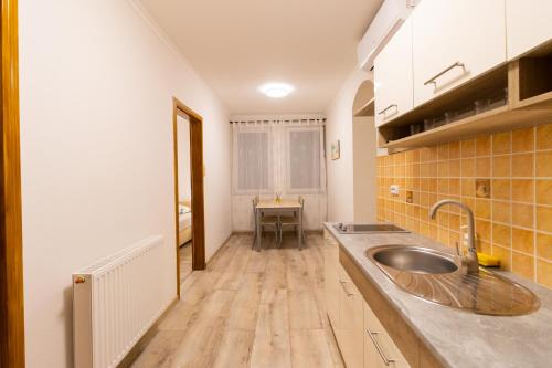 a kitchen with a sink and a table at Szelidi Apartmanok in Dunapataj