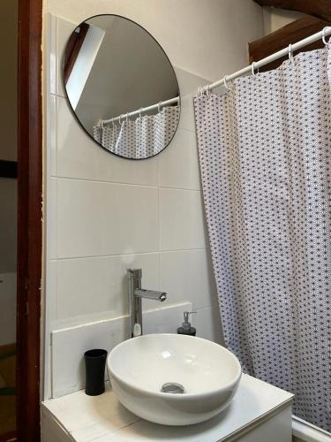 une salle de bain avec un lavabo blanc et un miroir dans l'établissement Studio Centre-ville - Tout équipé, à Bourges