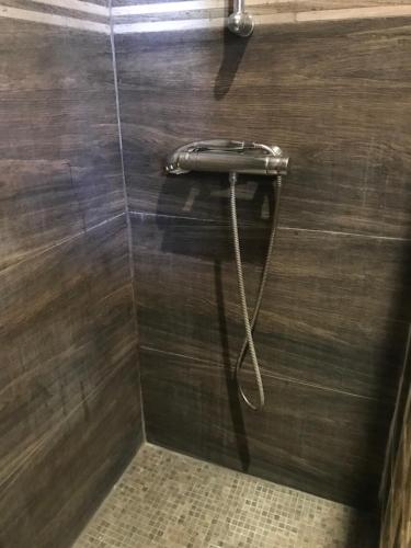 eine Dusche mit einem Telefon an einer Holzwand in der Unterkunft VILLA SANTONI in Grosseto-Prugna