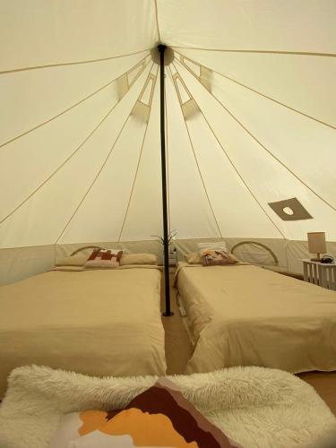 a room with three beds in a tent at The Backyard Glamp - Book The Entire Campground 