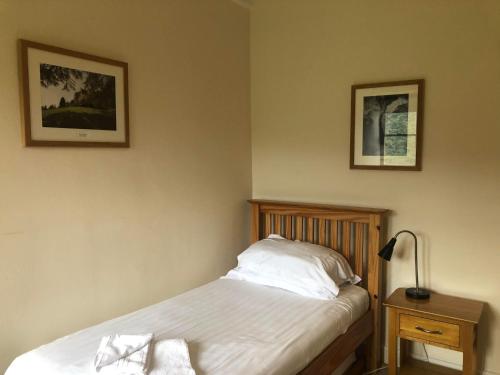 een kleine slaapkamer met een bed en een lamp en foto's bij Plas Tan y Bwlch in Maentwrog
