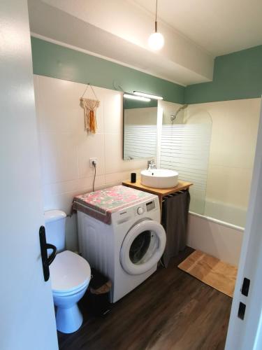 une salle de bain avec une machine à laver et un lavabo dans l'établissement Charmant appartement au calme, à Biarritz