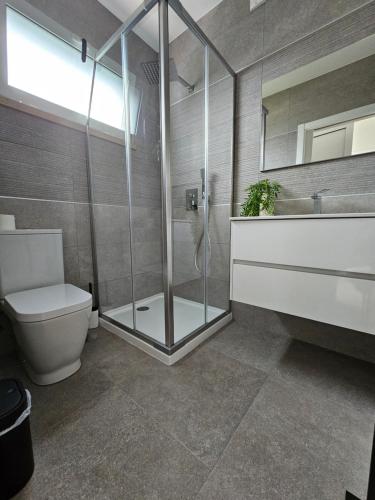 a bathroom with a shower and a toilet and a sink at Beach House by the Lagoon - Piscina Privada in Casal do Narcizo
