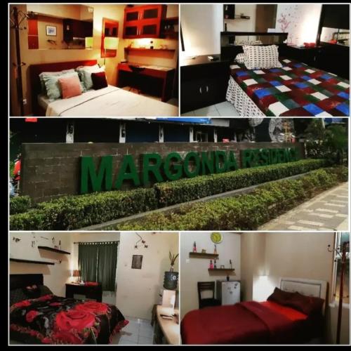 un collage de tres fotos de un dormitorio en Margonda residence 1& 2 by andrew, en Pondokcina