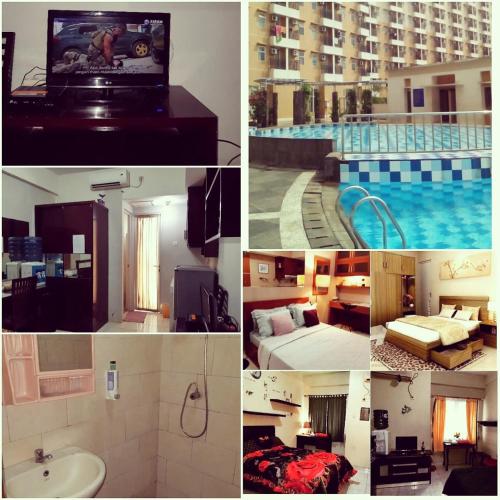 un collage de fotos de un hotel con piscina en Margonda residence 1& 2 by andrew, en Pondokcina