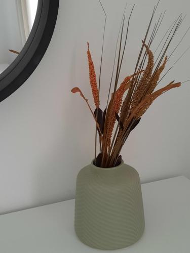 a green vase with plants in it next to a mirror at Dino & Gorge Apartments in Gevgelija
