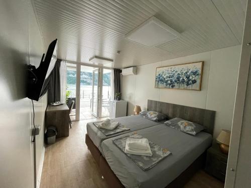 1 dormitorio con 1 cama y TV en una habitación en Complex Turistic Emilio en Sviniţa