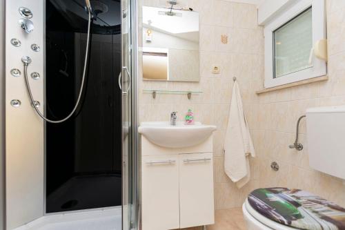 uma casa de banho com um chuveiro, um lavatório e um WC. em Apartments Ankica em Sumpetar