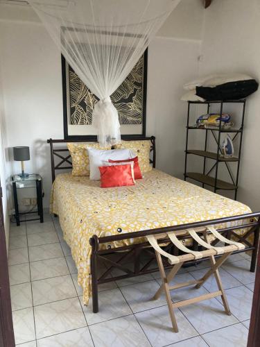 een slaapkamer met een bed met kussens erop bij Paradis Caraïbes in Sainte-Anne
