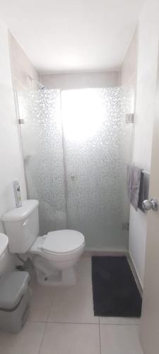 a white bathroom with a toilet and a shower at Departamento-Poliforum Feria Estadio Zona Piel. in León