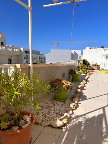 una fila di piante in vaso seduta su un balcone di Claureece Court Mgarr a Mġarr