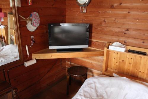 a bedroom with a tv on a wooden wall at Sun Lake in Fujikawaguchiko